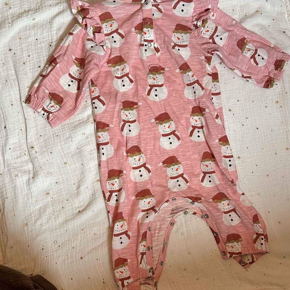Charming Snowman Print Pink Kids Footie - Picture 3 of 3
